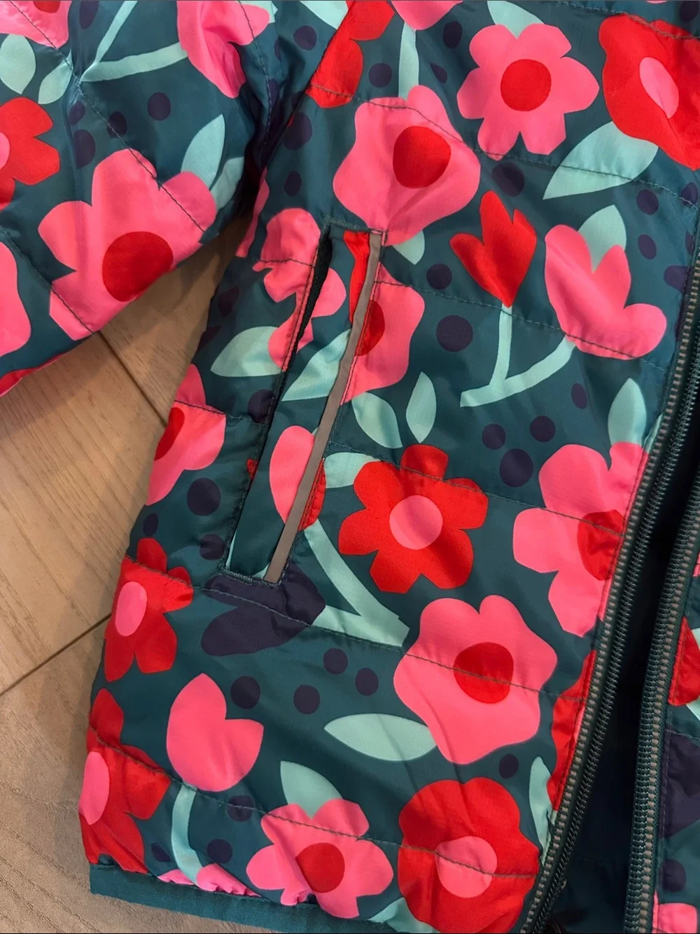 Hanna Andersson Floral Hooded Puffer Jacket - Teal, Pink & Red